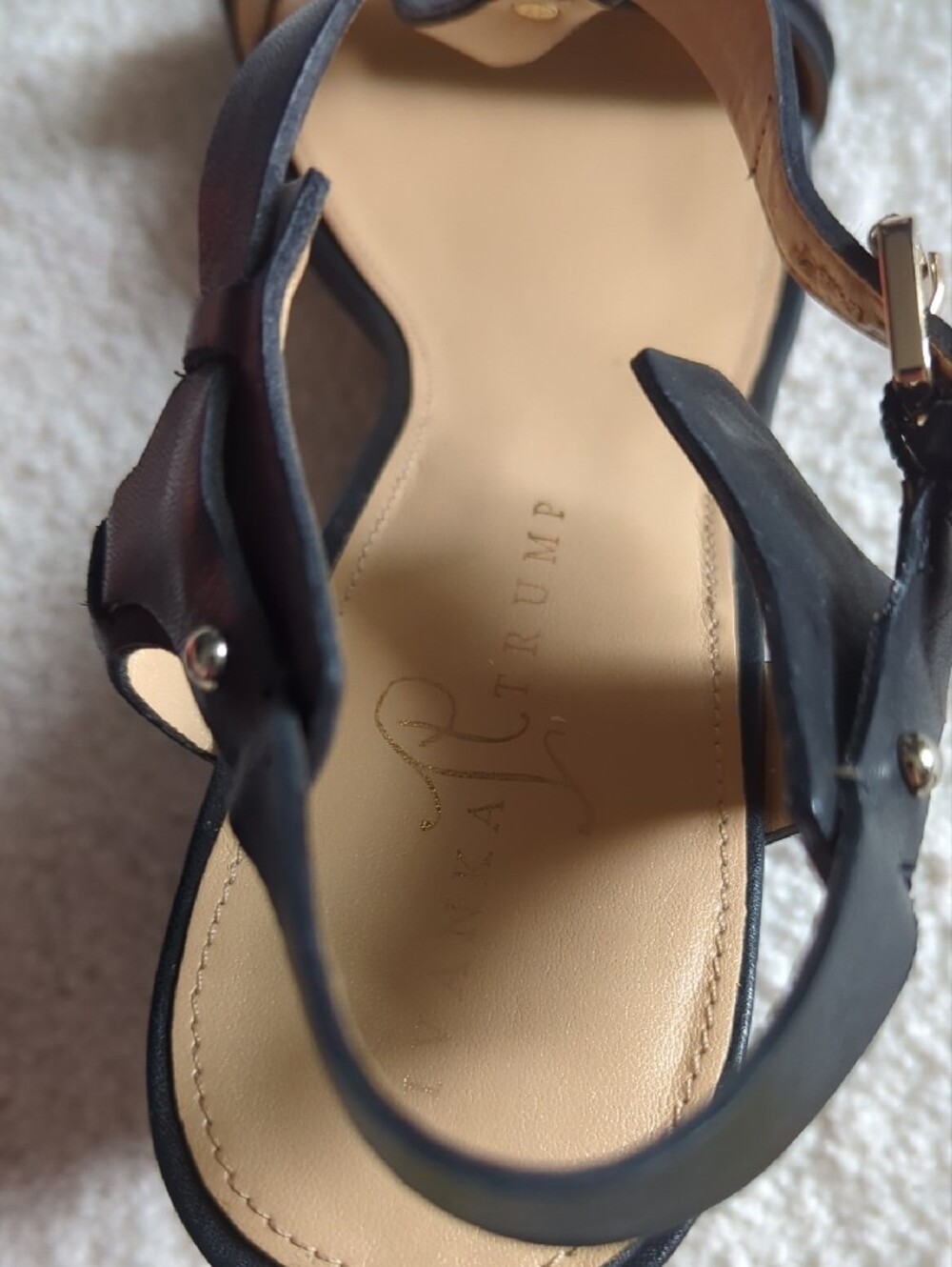 Ivanka Trump Black Leather T-Strap Wedge Sandals with Brown Woodgrain Heel - Picture 15 of 16
